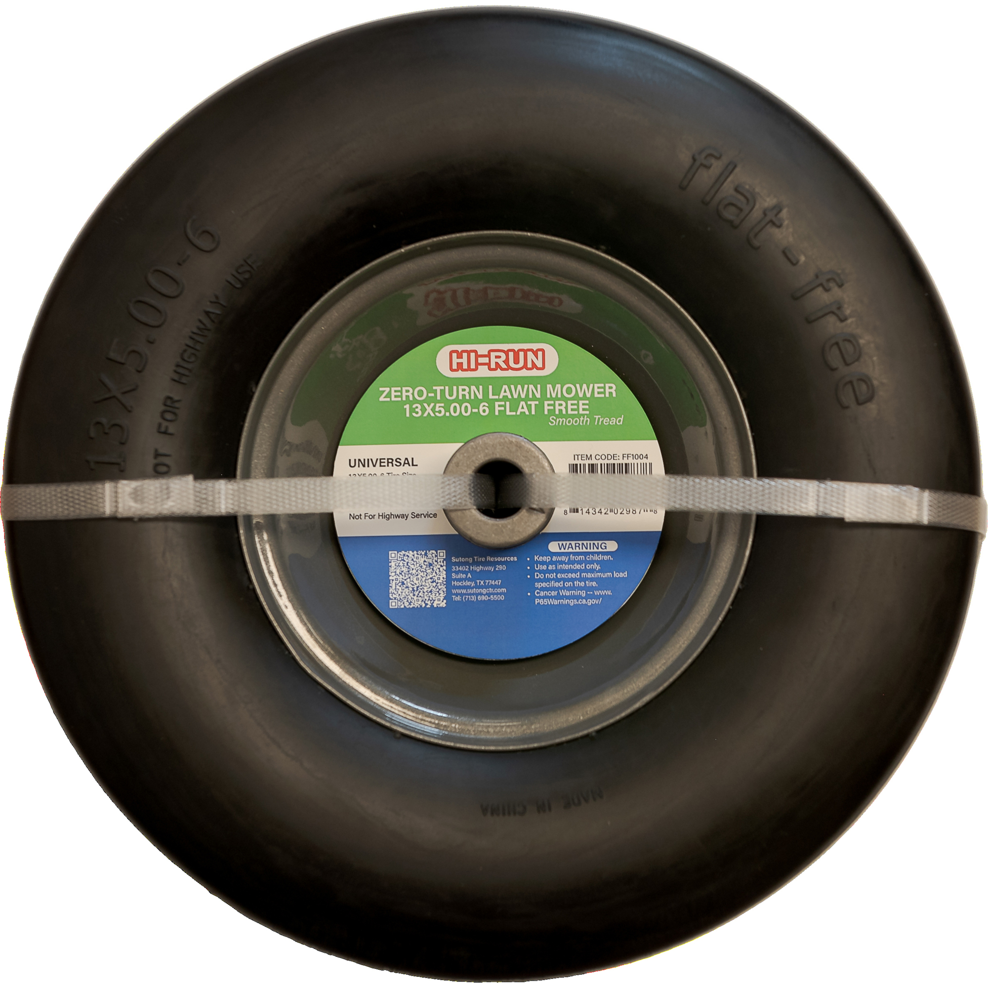 Hi-Run Flat-Free Tire/Wheel with Kits, Smooth, 3/4in. ID, Size 13X.00-6, Model# FF104